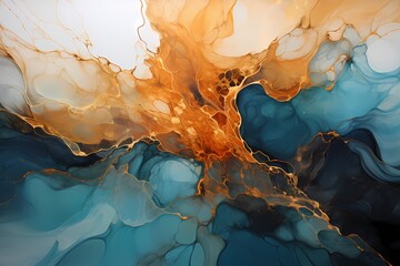 Liquid bronze and teal merging into a captivating abstract landscaper