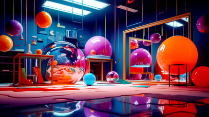 Room filled with lots of different colored balls and mirror on the floor.