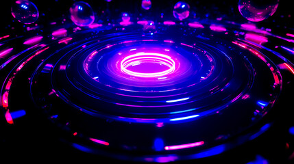 Obraz premium Circle of neon lights in the middle of dark room with bubbles.