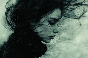 Fototapeta premium An ethereal depiction of a girl with flowing hair, her features highlighted by delicate strokes of paint on a serene monochrome canvas, capturing a moment of quiet contemplation.