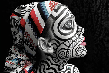 Fototapeta premium A striking portrait of a girl with bold, abstract patterns painted on her face, set against a stark monochrome backdrop, creating a visually dramatic and expressive composition.