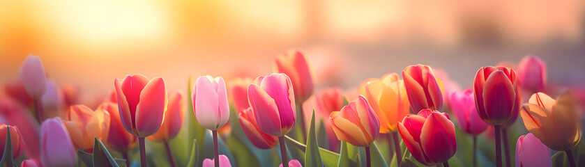 spring beautiful tulip flowers on blurred nature background banner for Woman day holiday card