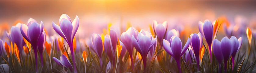 spring beautiful crocus flowers on blurred nature background banner for Woman day holiday card