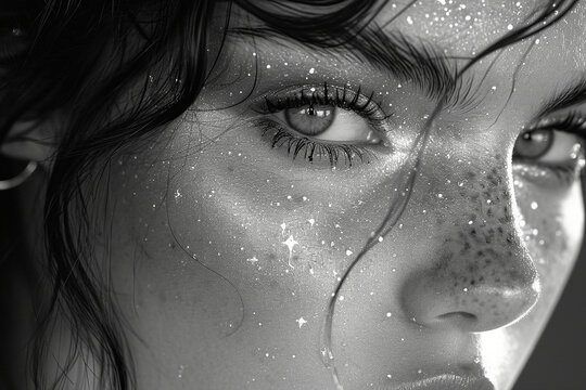 A mesmerizing close-up of a girl with paint strokes resembling celestial constellations on her face, set against a monochrome canvas, creating a cosmic and ethereal atmosphere.