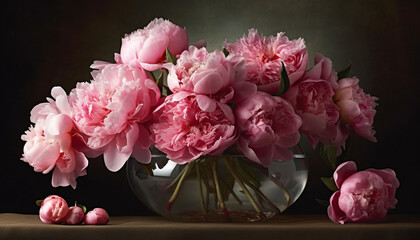 Pink peony bouquet brings freshness and romance to wooden table generated by AI