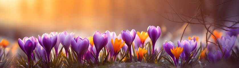 spring beautiful crocus flowers on blurred nature background banner for Woman day holiday card - obrazy, fototapety, plakaty