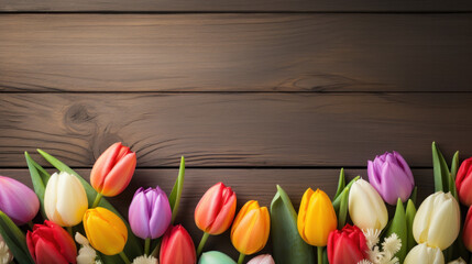 Colorful tulips on a wooden background