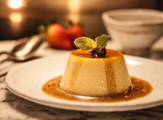 Custard with caramel creme closeup photography isolated on kitchen counter