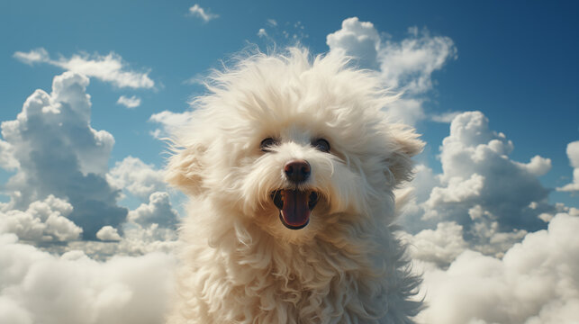 Cachorro de perro blanco con un cielo lleno de nubes en el fondo