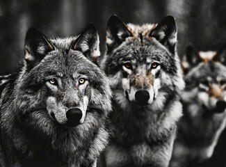 Pack of wolves in dark forest