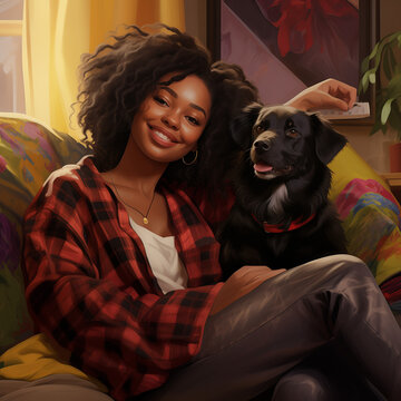 A happy black girl chilling with her beloved dog