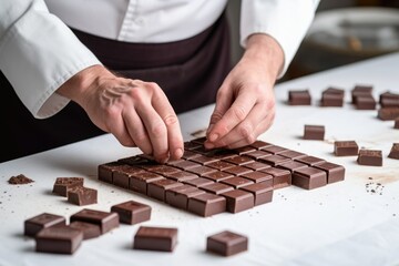 European chef close hands prepare chocolate. Chocolatier. Chocolate candies. preparing dessert