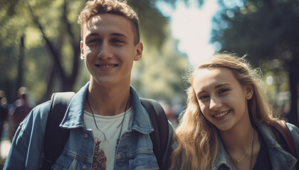Smiling outdoors, happiness in lifestyles, cheerful Caucasian men looking at camera generated by AI