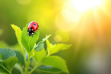 Fototapeta premium Single red ladybug climbing a green stem in bright sunlight