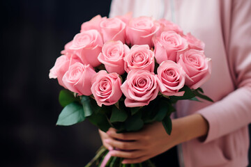 large beautiful mono bouquet of pink roses in the hands of a woman close-up. cropped shot of female hands holding bouquet.