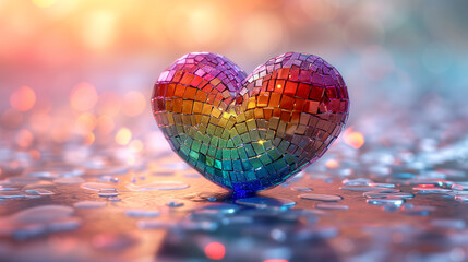 Fototapeta premium A 3D heart made by mirror rainbow tiles on a pink background.