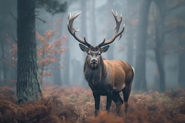 Majestic stag with impressive antlers standing in a misty forest
