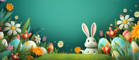 Naklejka na ściany i meble Easter background with bunny rabbit. Cartoon style with copy space. 