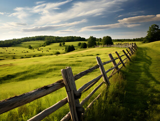 A rustic split rail fence stands tall in a vast grassland, surrounded by the gentle sway of wild plants and trees, under a cloudy sky in the peaceful countryside - obrazy, fototapety, plakaty