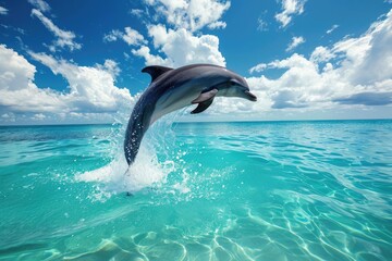 Obraz premium Playful dolphin leaping joyfully above crystal clear ocean waters