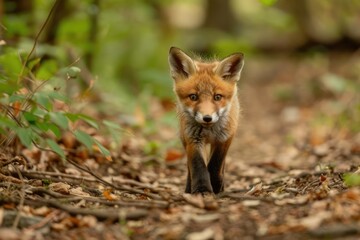 Naklejka na ściany i meble Playful fox cub exploring a forest clearing
