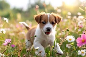 Playful puppy frolicking in a field of flowers