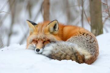 Sleepy fox curled up in a snowy forest clearing