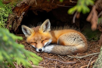 Sleepy fox cub curled up in a forest den