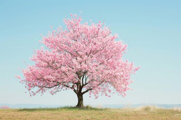 Naklejka premium Solitary cherry blossom tree in full bloom against a clear sky