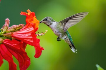 Fototapeta premium Solitary hummingbird feeding from a vivid red blossom