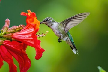 Solitary hummingbird feeding from a vivid red blossom