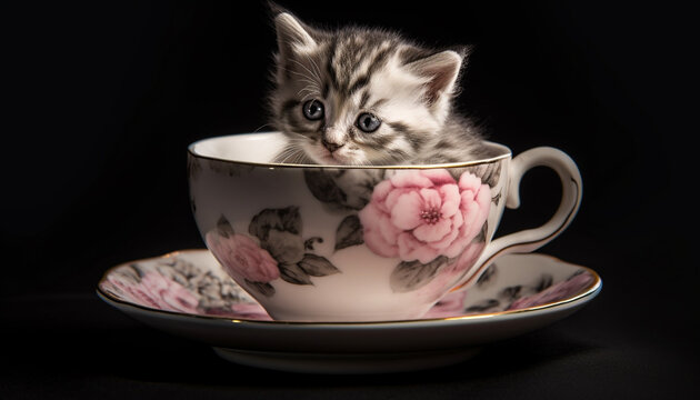 Cute kitten drinking milk from saucer on black background generated by AI
