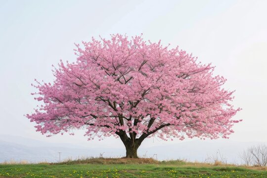 Solitary cherry blossom tree in full bloom against a clear sky
