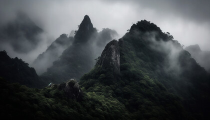 Majestic mountain peak, foggy cliff, adventure in nature mystery generated by AI