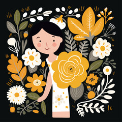 vector pretty girl with flower illustration sticker label