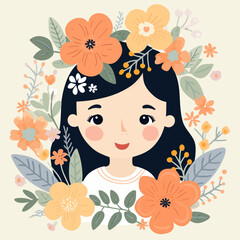 vector pretty girl with flower illustration sticker label