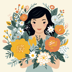 vector pretty girl with flower illustration sticker label