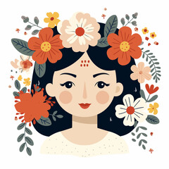 vector pretty girl with flower illustration sticker label