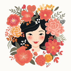 vector pretty girl with flower illustration sticker label