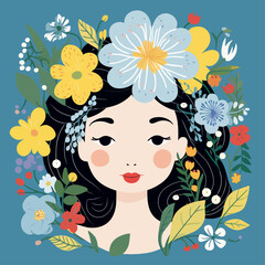 vector pretty girl with flower illustration sticker label