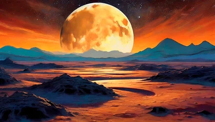 Foto auf Acrylglas Orange Lunar landscape with the earth in the distance in a magical sunset. Artistic Image. Concept of life beyond our planet.