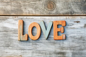 Multicolored wooden letters forming the word "LOVE" on a weathered grey wooden plank background.