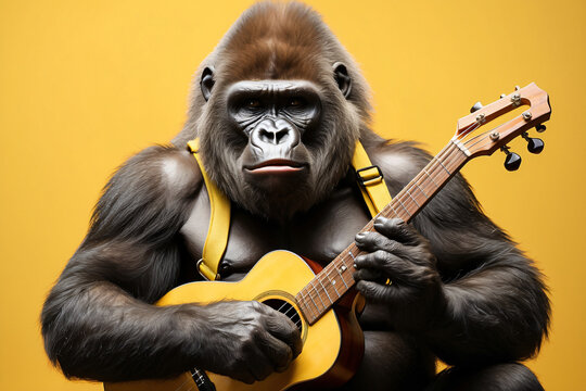 gorilla playing guitar on yellow background