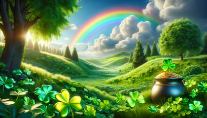Lush green hills with a vibrant rainbow and a pot of gold, evoking Irish folklore. St. Patricks Day...