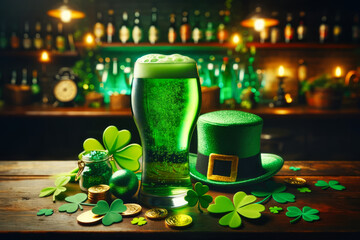 Traditional St. Patricks Day setup with a pint of green beer, leprechaun hat, shamrocks, and gold coins on a wooden bar.