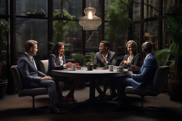 Group of business people having a meeting in a modern office. Businessmen and businesswomen are sitting at a table and talking.