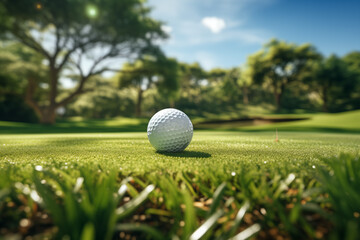 Golf ball on grass. Land for playing golf. Golf sport. Golf competition.