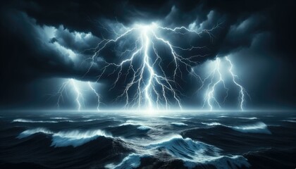 Dramatic Thunderstorm Over Ocean, Nature's Fury Concept