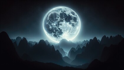 Majestic Full Moon Over Mountain Landscape, Nighttime Serenity