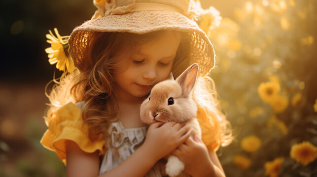 Little girl with bunny, small girl with curly hair in summer hat hugs cute fluffy rabbit